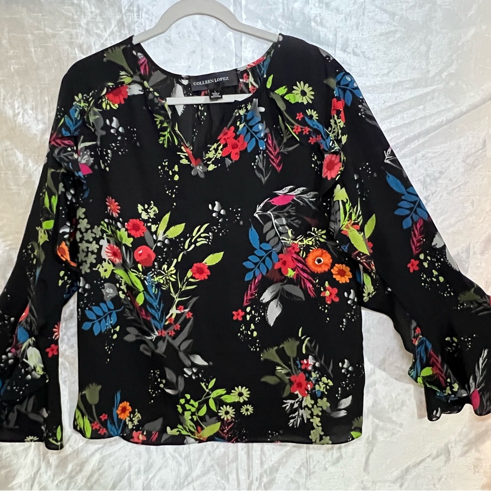 Colleen Lopez floral blouse women Large Black colorful longs sleeve boho top